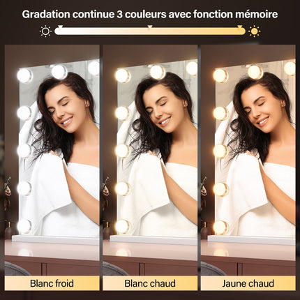 SIRHONA Miroir Mural Miroir Maquillage 80x60cm avec  3 couleurs luminosité réglable miroir grossissant 10X - SIRHONA