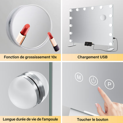SIRHONA Miroir Maquillage 80x60cm avec 14 ampoules LED Miroir Hollywood 3 couleurs luminosité - SIRHONA