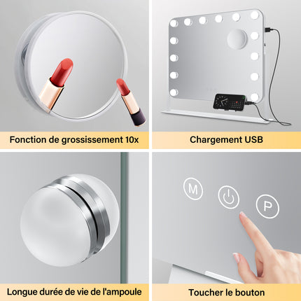 SIRHONA Miroir rotatif à 360° 50x40cm avec 14 ampoules LED Miroir Hollywood 3 couleurs luminosité réglable - SIRHONA