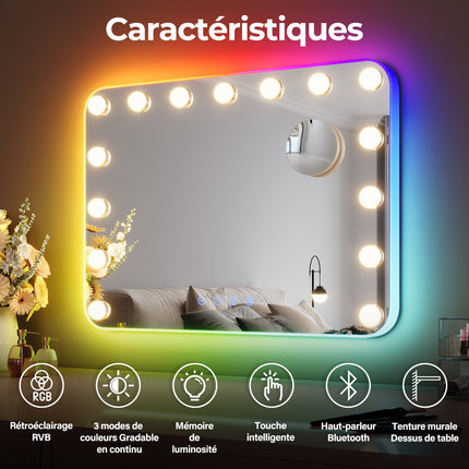 SIRHONA Maquillage 58x43cm avec lumière RGB et haut-parleur Bluetooth Miroir Hollywood LED 3 couleurs Luminosité - SIRHONA