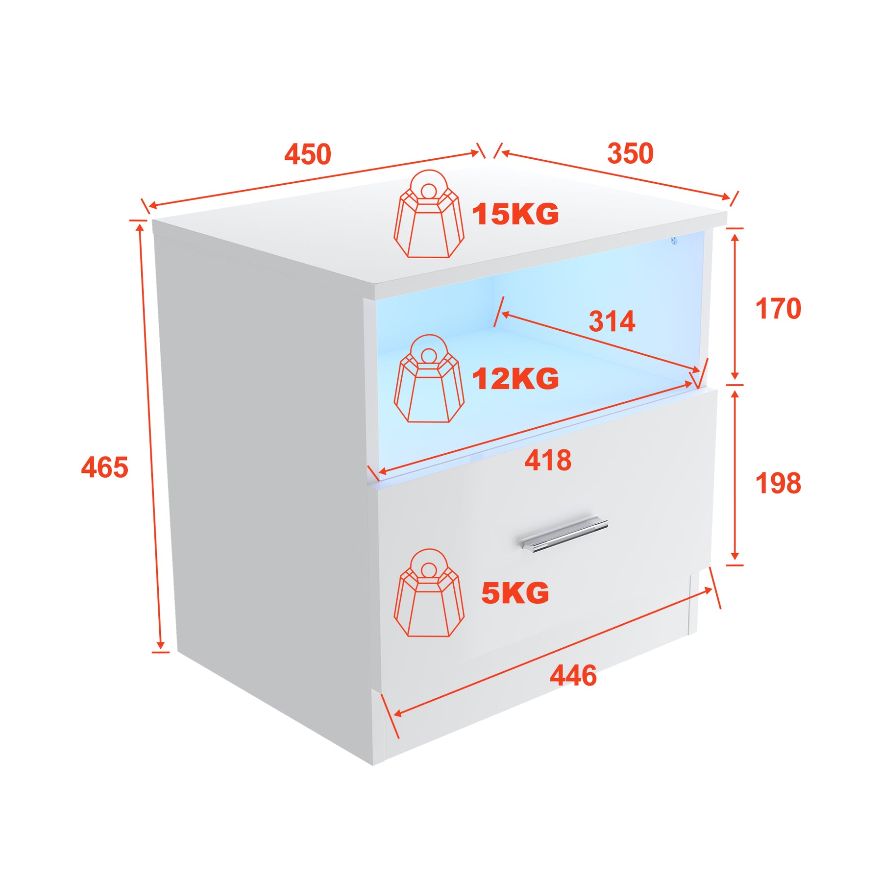 SIRHONA Table de chevet avec éclairage LED couleurs ajustables table de canapé avec tiroirs et compartiment ouvert table de chevet pour chambre à coucher Blanc 45 x 35 x 46.5 cm - SIRHONA