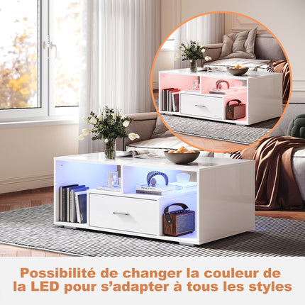 Table basse avec tiroirs de rangement et éclairage LED réglable Disponible en 12 couleurs Blanc 55 x 100 x 40 cm - SIRHONA