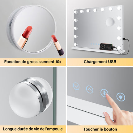 SIRHONA Miroir Mural Miroir Maquillage 80x60cm avec  3 couleurs luminosité réglable miroir grossissant 10X - SIRHONA