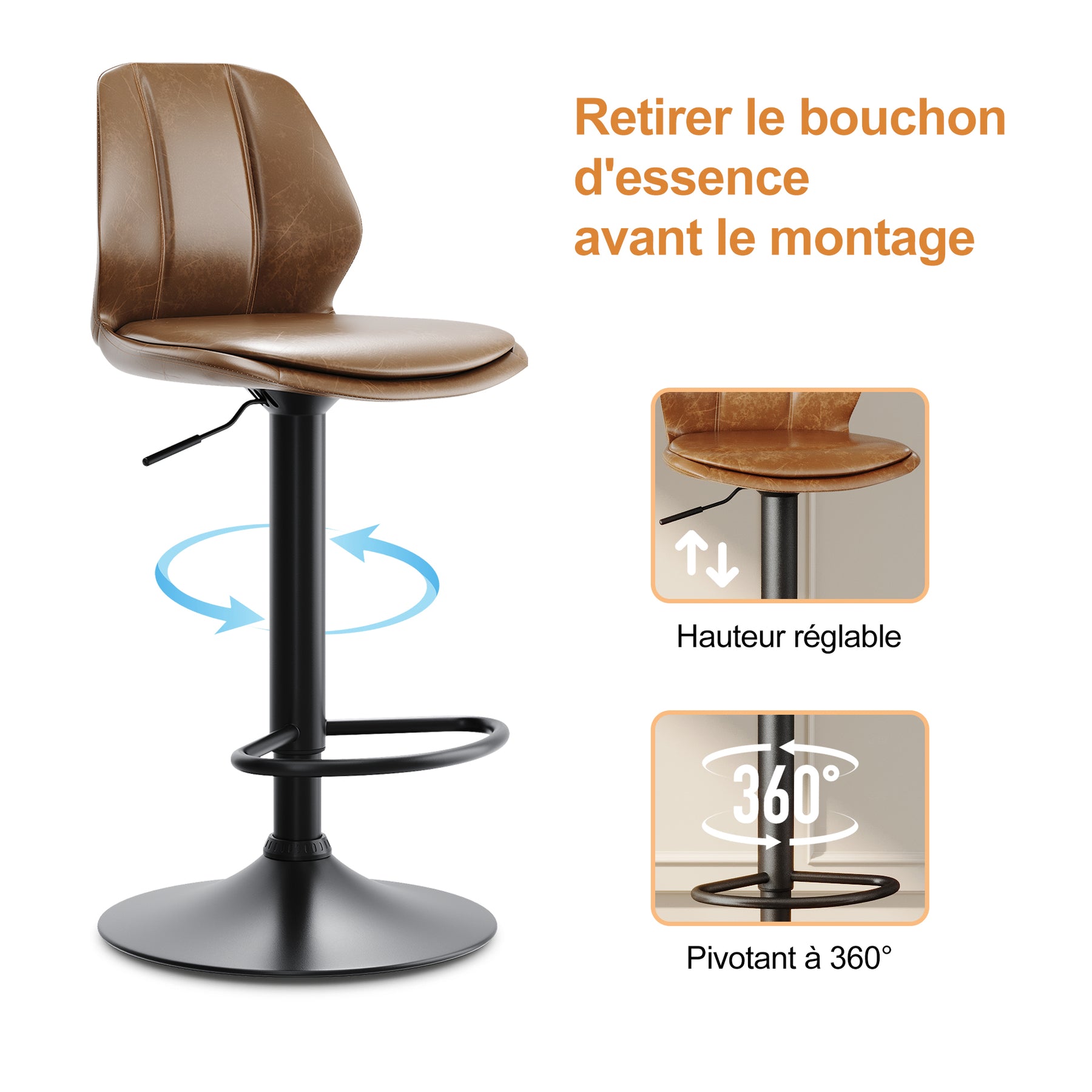 SIRHONA Lot de 2 Tabourets de Bar Chaise avec Dossier et Repose pieds Style modern Marron siège  Noire base - SIRHONA