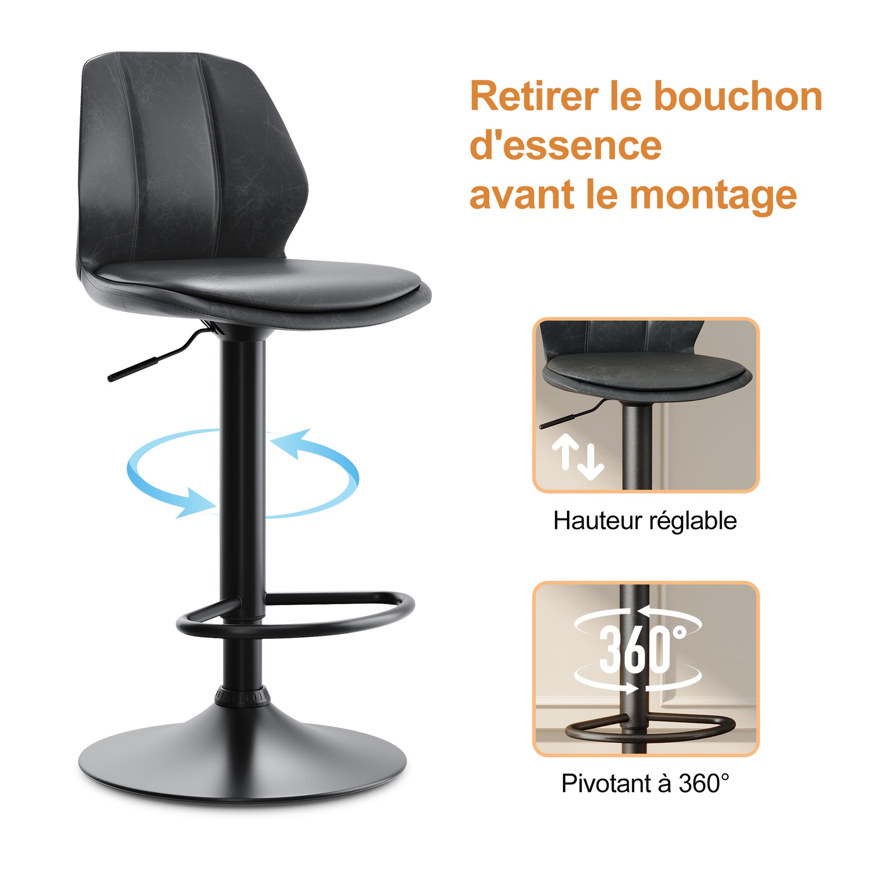 SIRHONA Lot de 2 Tabourets de Bar Chaise avec Dossier et Repose pieds Style modern Gris siège Noire base - SIRHONA