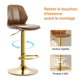 SIRHONA Lot de 2 Tabourets de Bar Chaise avec Dossier et Repose pieds Style modern Marron siège Dorée base - SIRHONA