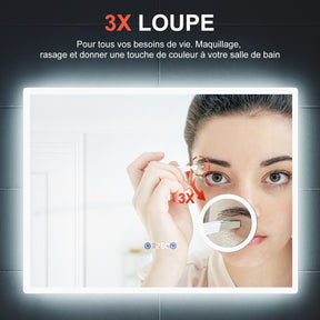 SIRHONA 3X loupe Miroir LED Salle de Bain avec éclairage, Miroir avec Horloge Numérique, Miroir Lumineux Salle de Bain Anti-Buée, 100x60cm - SIRHONA