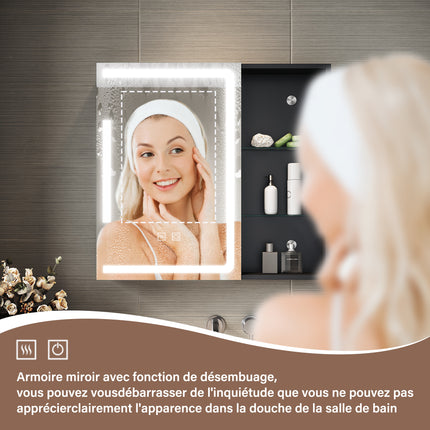 SIRHONA Armoire de Toilette Miroir, Armoire Murale avec Éclairage LED et Prises de Courant, 65 x 60 x 13cm - SIRHONA