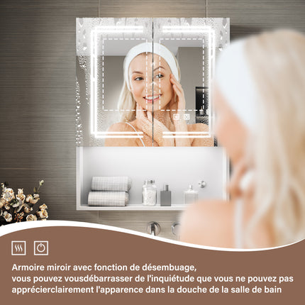 SIRHONA Armoire de Toilette Miroir, Armoire Murale avec Éclairage LED et Prises de Courant, Interrupteurs à Commande Tactile, Dimmable 60 x 75 x 13cm - SIRHONA