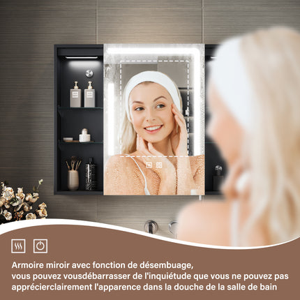 SIRHONA Armoire de Toilette Miroir, Armoire Murale avec Éclairage LED et Prises de Courant, Interrupteurs à Commande Tactile,  80 x 60 x 13cm - SIRHONA