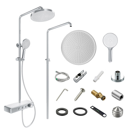 Colonne de Douche avec Thermostat à Verrouillage de Sécurité, 3 Modes et Double Tête à Bouton, Acier Inoxydable Chromé - SIRHONA
