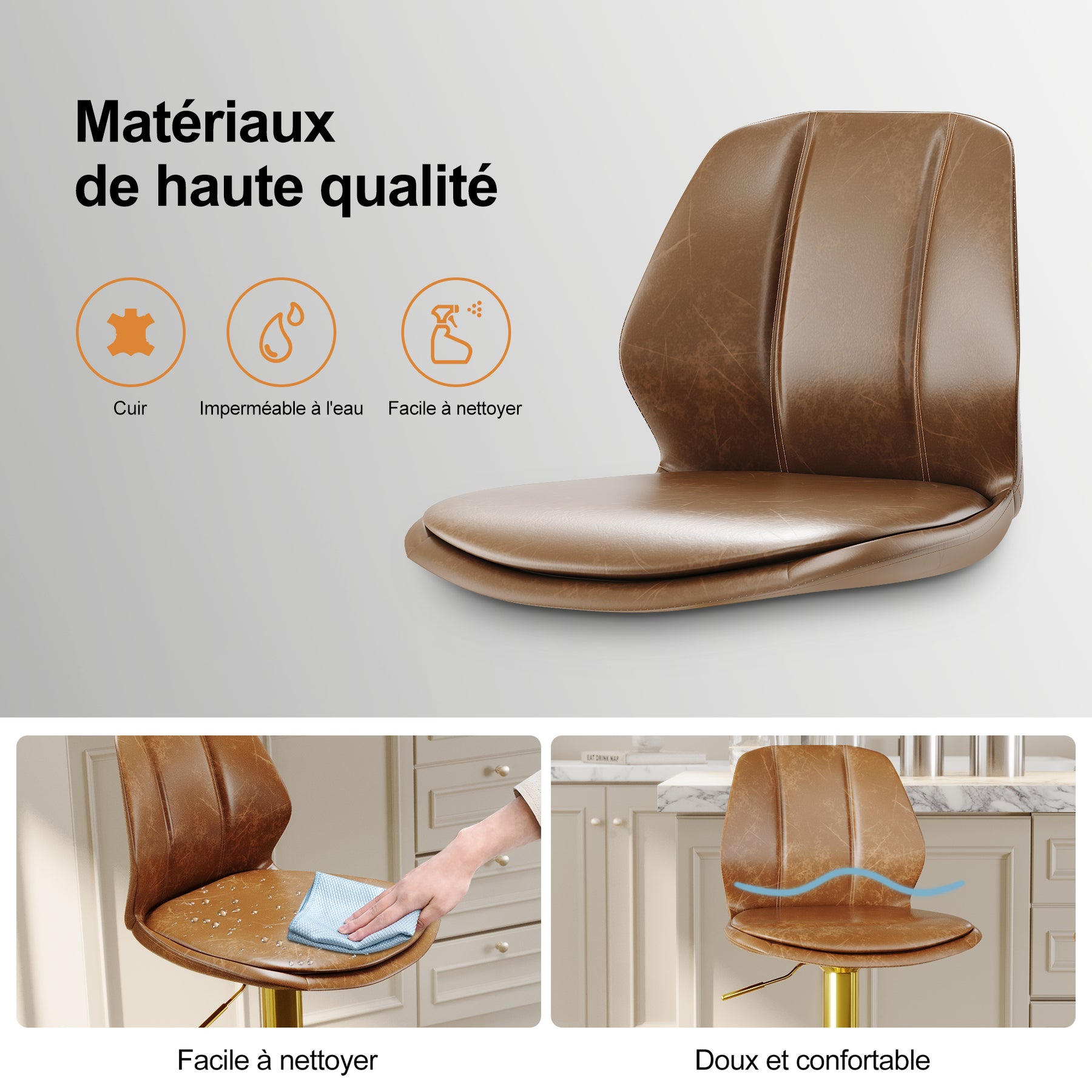 SIRHONA Lot de 2 Tabourets de Bar Chaise avec Dossier et Repose pieds Style modern Marron siège Dorée base - SIRHONA