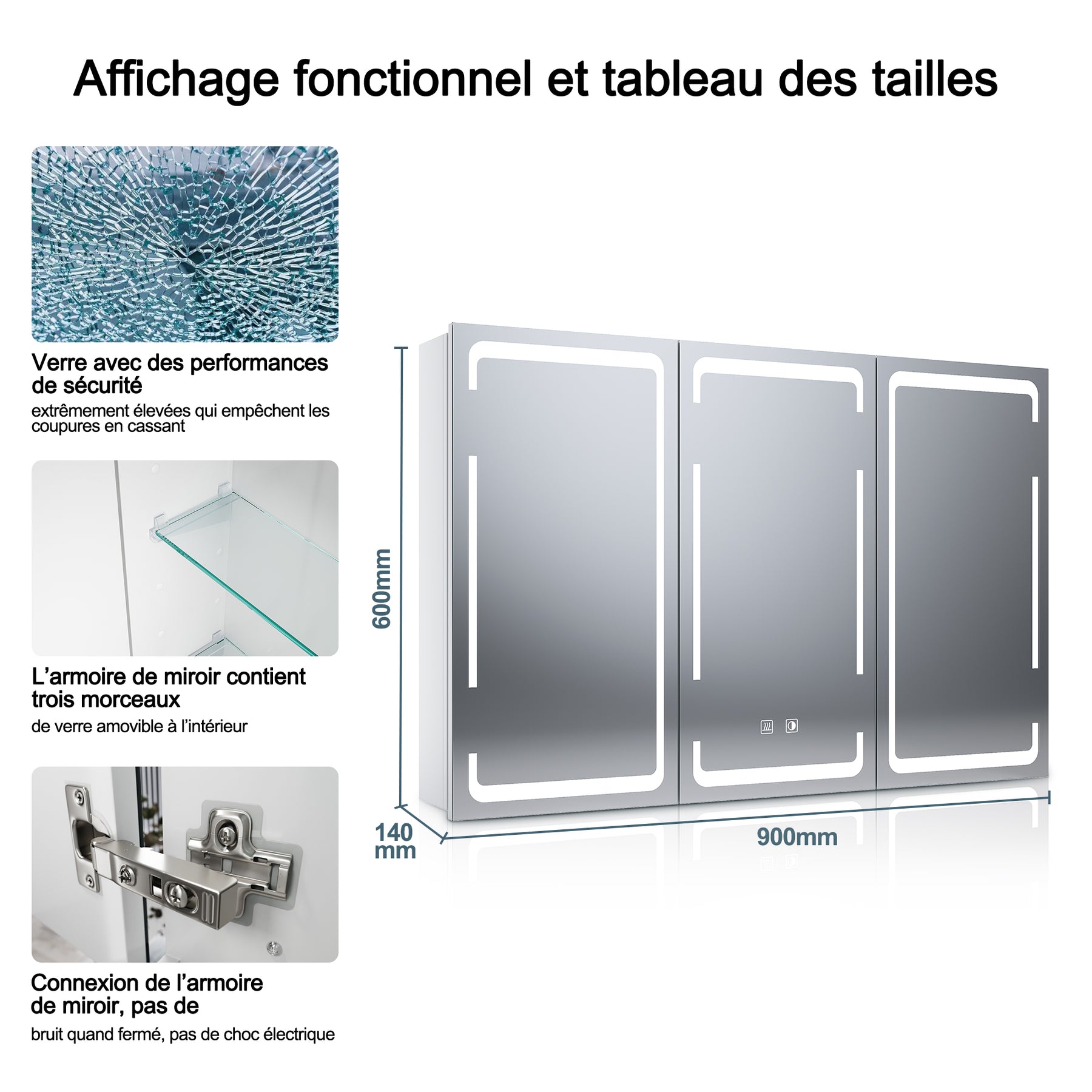 SIRHONA Armoire de toilette avec éclairage 3 couleurs de lumière réglable et antibuée Armoire de toilette 3 portes avec charnières sans fil Design et prise de courant 90x60x14 cm blanc - SIRHONA