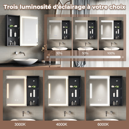 SIRHONA Armoire de Toilette Miroir, Armoire Murale avec Éclairage LED et Prises de Courant, 65 x 60 x 13cm - SIRHONA