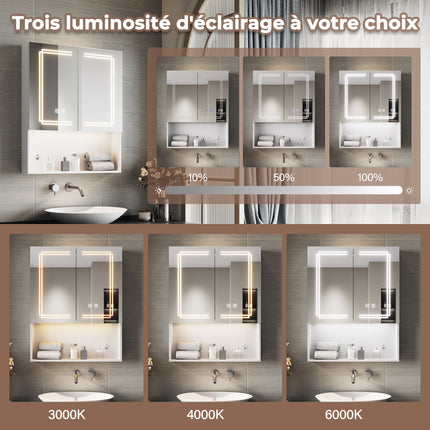 SIRHONA Armoire de Toilette Miroir, Armoire Murale avec Éclairage LED et Prises de Courant, Interrupteurs à Commande Tactile, Dimmable 60 x 75 x 13cm - SIRHONA