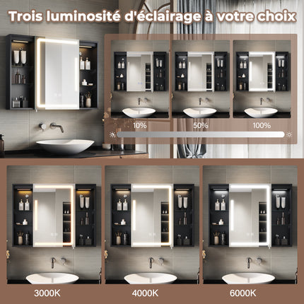 SIRHONA Armoire de Toilette Miroir, Armoire Murale avec Éclairage LED et Prises de Courant, Interrupteurs à Commande Tactile,  80 x 60 x 13cm - SIRHONA