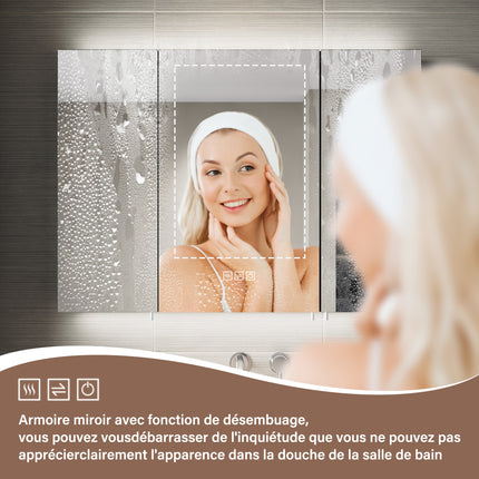 SIRHONA Armoire de Toilette Miroir, Armoire Murale avec Éclairage LED et Prises de Courant,  90 x 65 x 13cm - SIRHONA