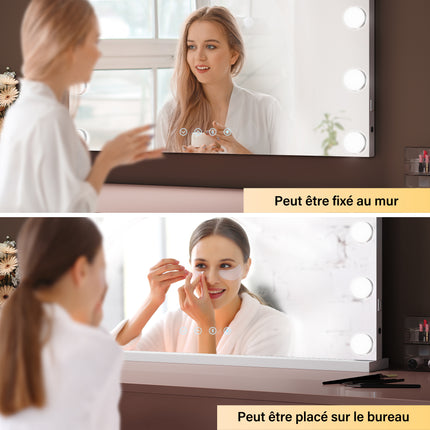 SIRHONA Miroir Mural Miroir Maquillage 80x60cm avec  3 couleurs luminosité réglable miroir grossissant 10X - SIRHONA