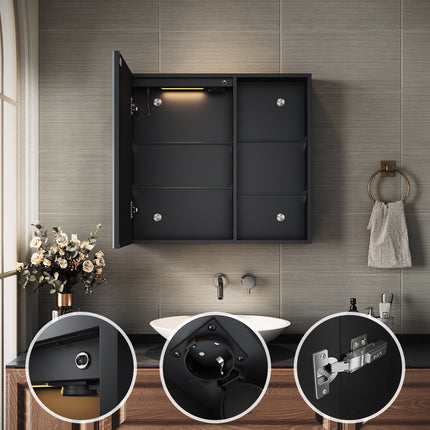 SIRHONA Armoire de Toilette Miroir, Armoire Murale avec Éclairage LED et Prises de Courant, 65 x 60 x 13cm - SIRHONA