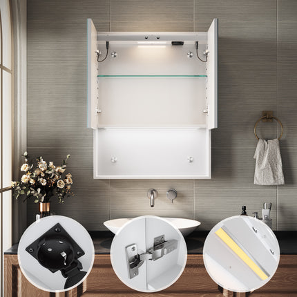 SIRHONA Armoire de Toilette Miroir, Armoire Murale avec Éclairage LED et Prises de Courant, Interrupteurs à Commande Tactile, Dimmable 60 x 75 x 13cm - SIRHONA