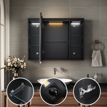 SIRHONA Armoire de Toilette Miroir, Armoire Murale avec Éclairage LED et Prises de Courant, Interrupteurs à Commande Tactile,  80 x 60 x 13cm - SIRHONA