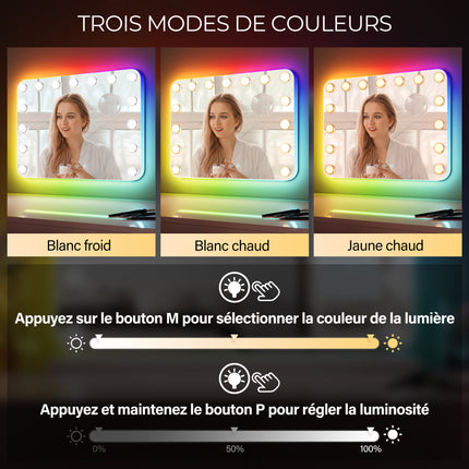 SIRHONA Maquillage 58x43cm avec lumière RGB et haut-parleur Bluetooth Miroir Hollywood LED 3 couleurs Luminosité - SIRHONA