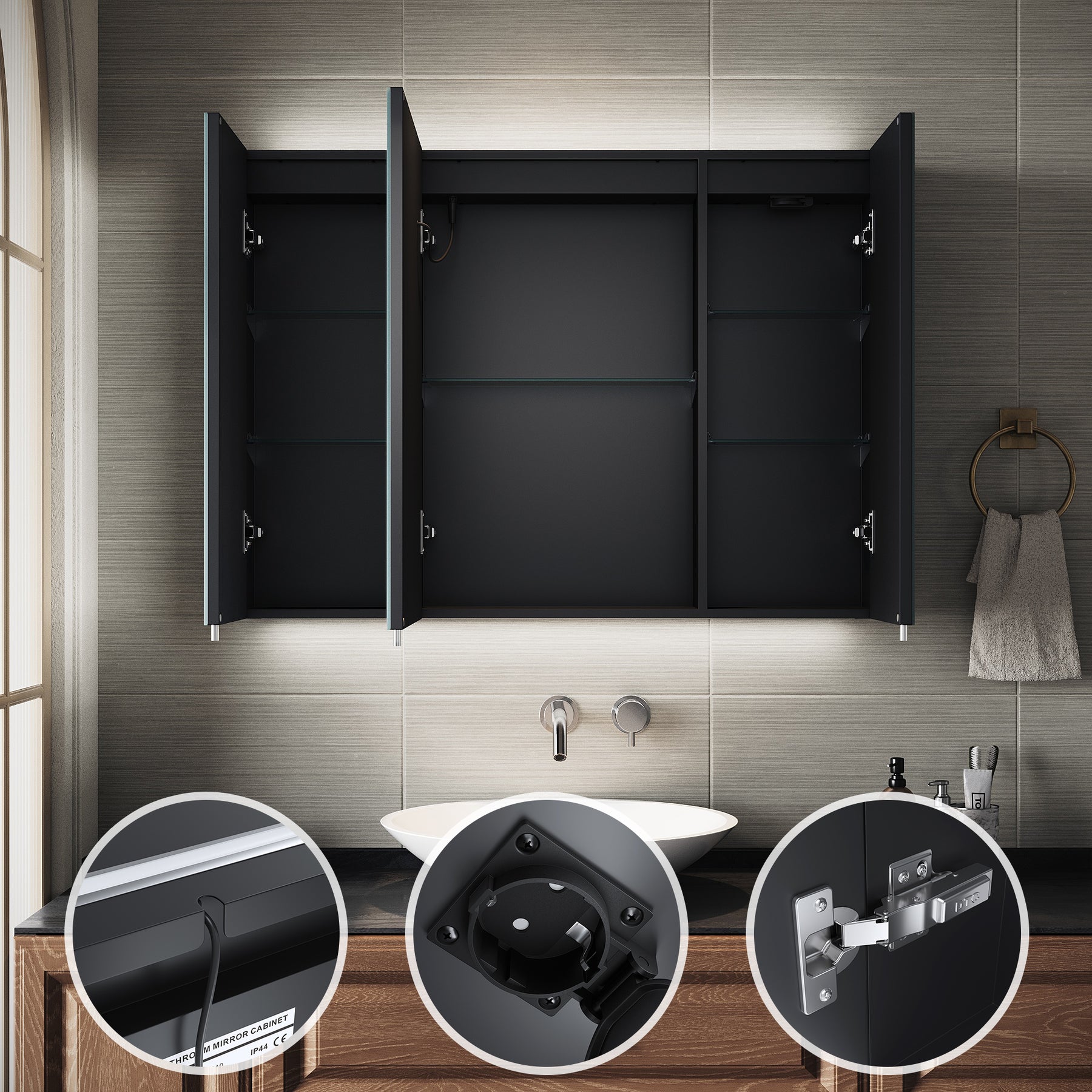 SIRHONA Armoire de Toilette Miroir, Armoire Murale avec Éclairage LED et Prises de Courant,  90 x 65 x 13cm