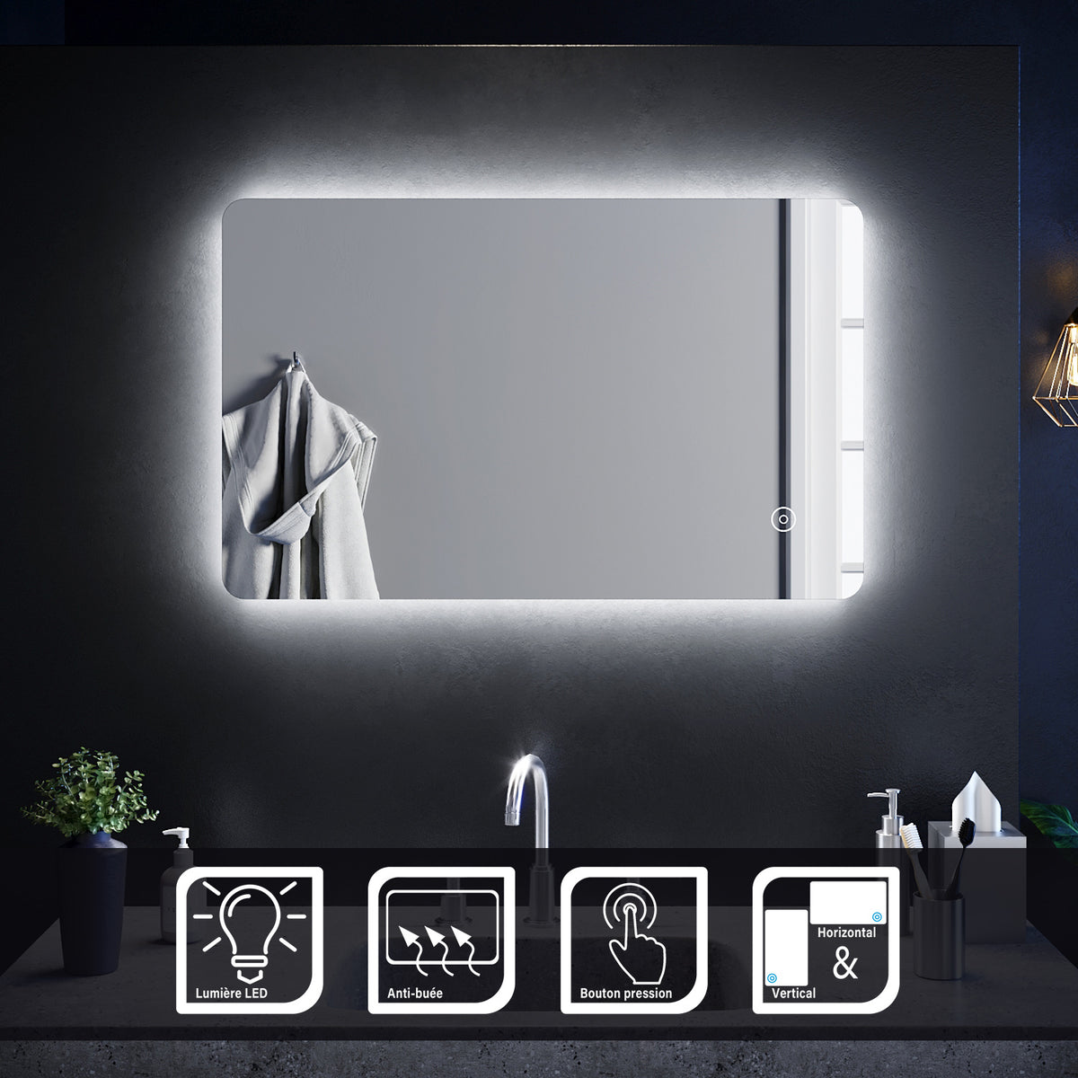 SIRHONA 70x50cm, 80x50cm Miroir à LED Miroir de Salle de Bains avec éclairage Anti-buée Mirror Murale avec Interrupteur Tactile - SIRHONA