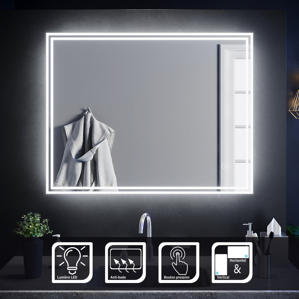 SIRHONA Miroir led Miroir de salle de bains avec éclairage LED Miroir Cosmétiques Mural Lumière Illumination avec Commande par Effleurement 90x70 CM