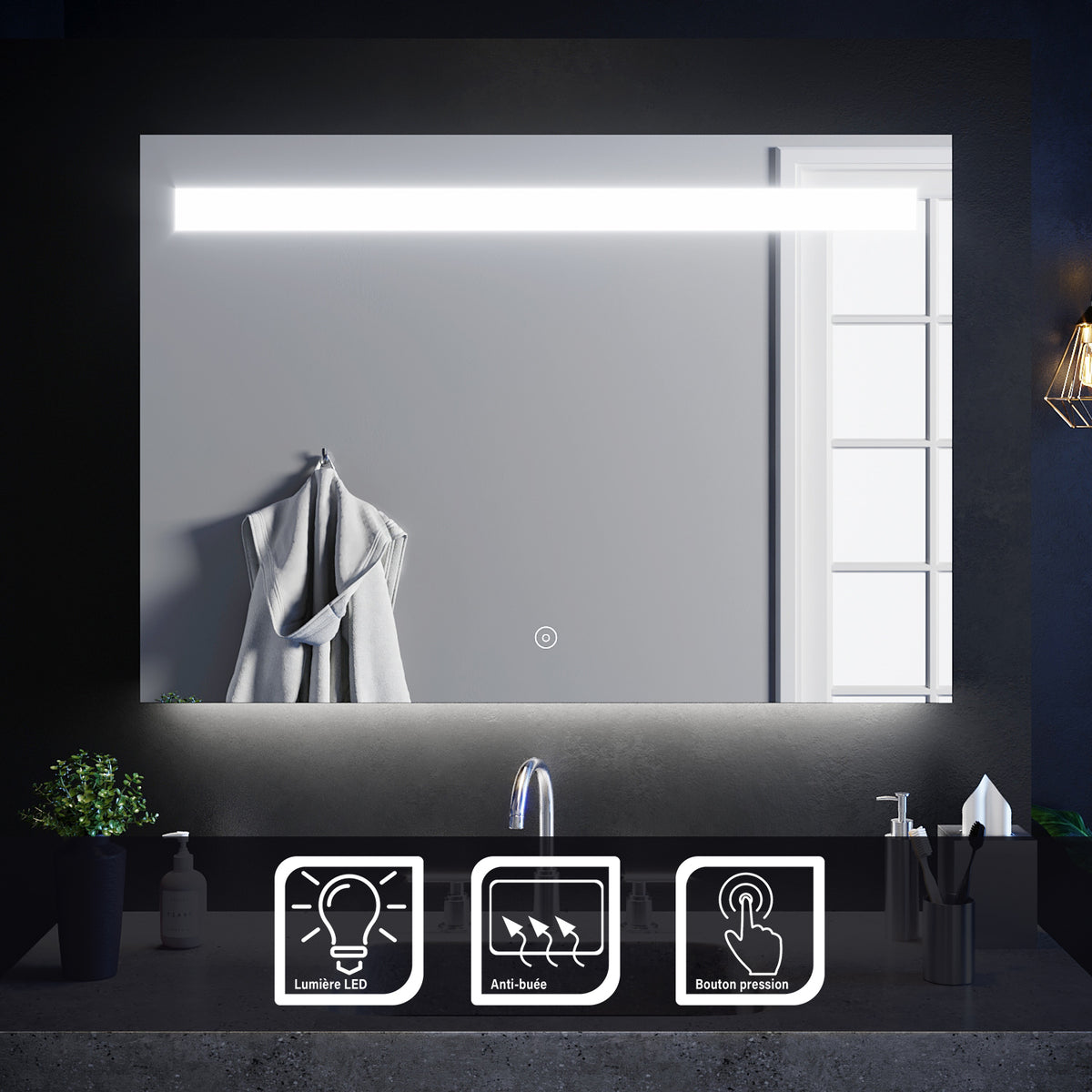 SIRHONA 100x70cm LED Miroir Salle de Bains avec éclairage Cosmétiques Mural Lumière Illumination avec Commande par Effleurement Anti-buée - SIRHONA