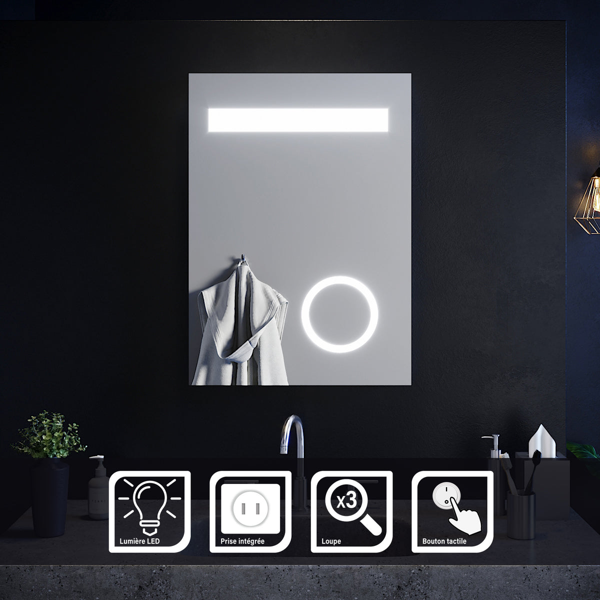 SIRHONA Miroir led 50x70 CM Miroir de salle de bains avec éclairage LED Miroir Cosmétiques Mural Lumière Illumination avec Prise Rasoir Bouton de commutation - SIRHONA