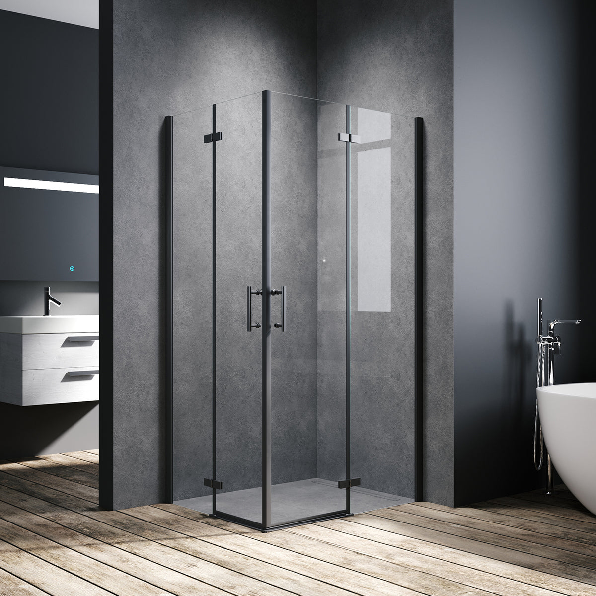 Cabine de douche accès d'angle Porte de douche pivotante noire 195cm de hauteur Avec porte pivotante  Cabine de douche sans cadre - SIRHONA