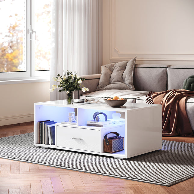 Table basse avec tiroirs de rangement et éclairage LED réglable Disponible en 12 couleurs Blanc 55 x 100 x 40 cm - SIRHONA