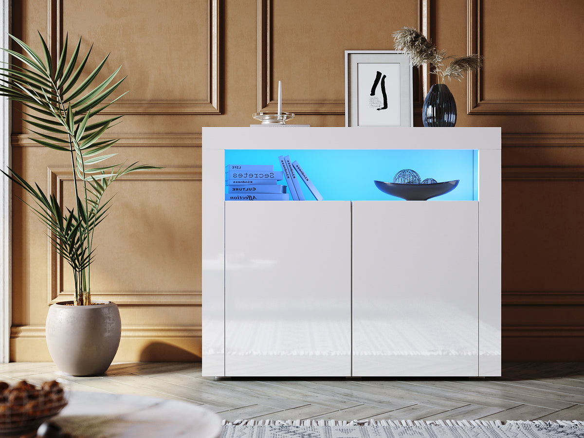 Commode Sideboard avec éclairage LED brillant Meuble de  Armoire de salon, blanc