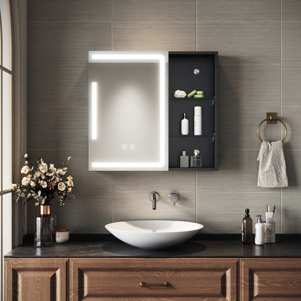 SIRHONA Armoire de Toilette Miroir, Armoire Murale avec Éclairage LED et Prises de Courant, 65 x 60 x 13cm - SIRHONA