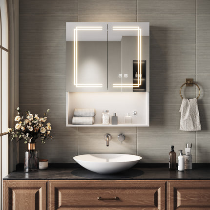 SIRHONA Armoire de Toilette Miroir, Armoire Murale avec Éclairage LED et Prises de Courant, Interrupteurs à Commande Tactile, Dimmable 60 x 75 x 13cm - SIRHONA