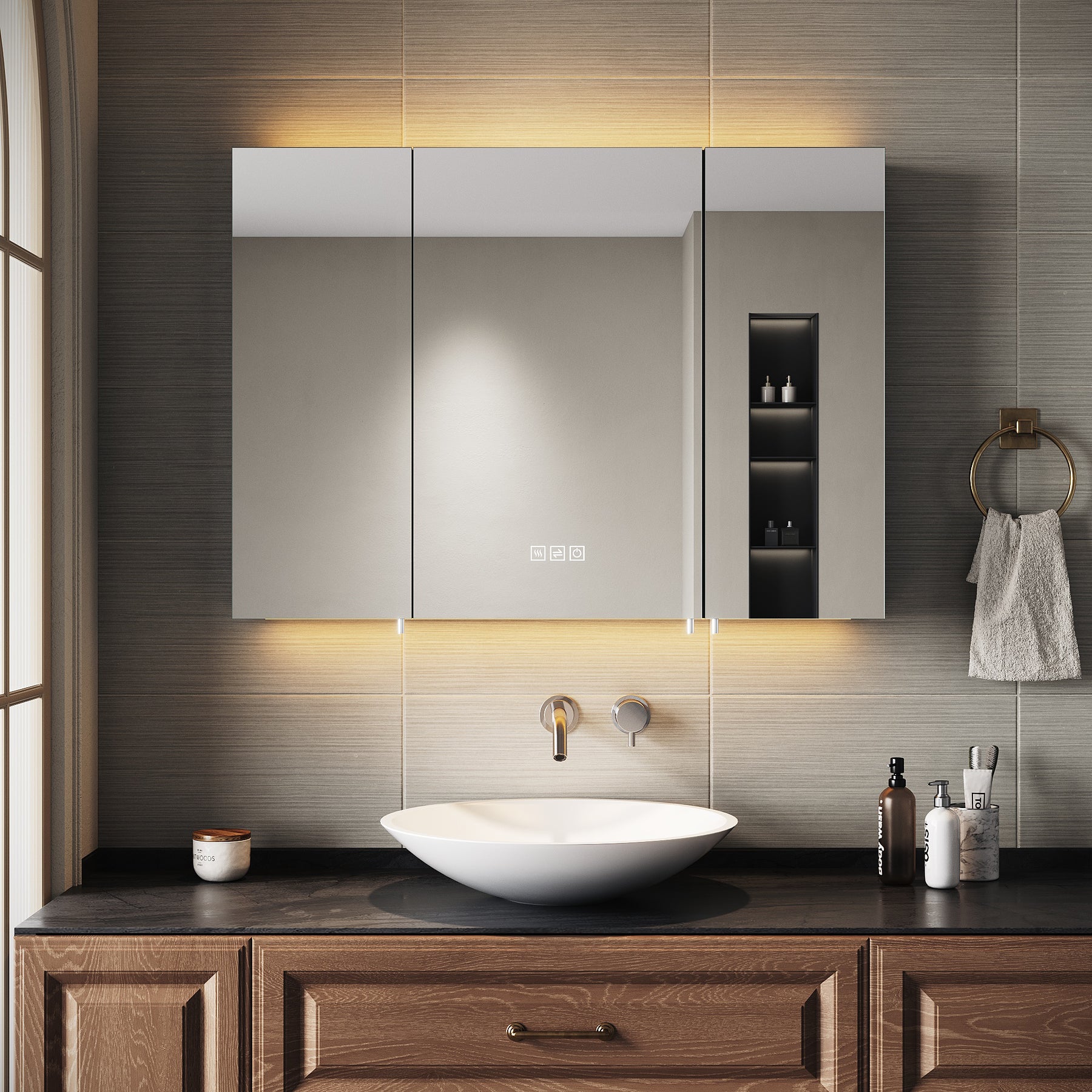 SIRHONA Armoire de Toilette Miroir, Armoire Murale avec Éclairage LED et Prises de Courant,  90 x 65 x 13cm