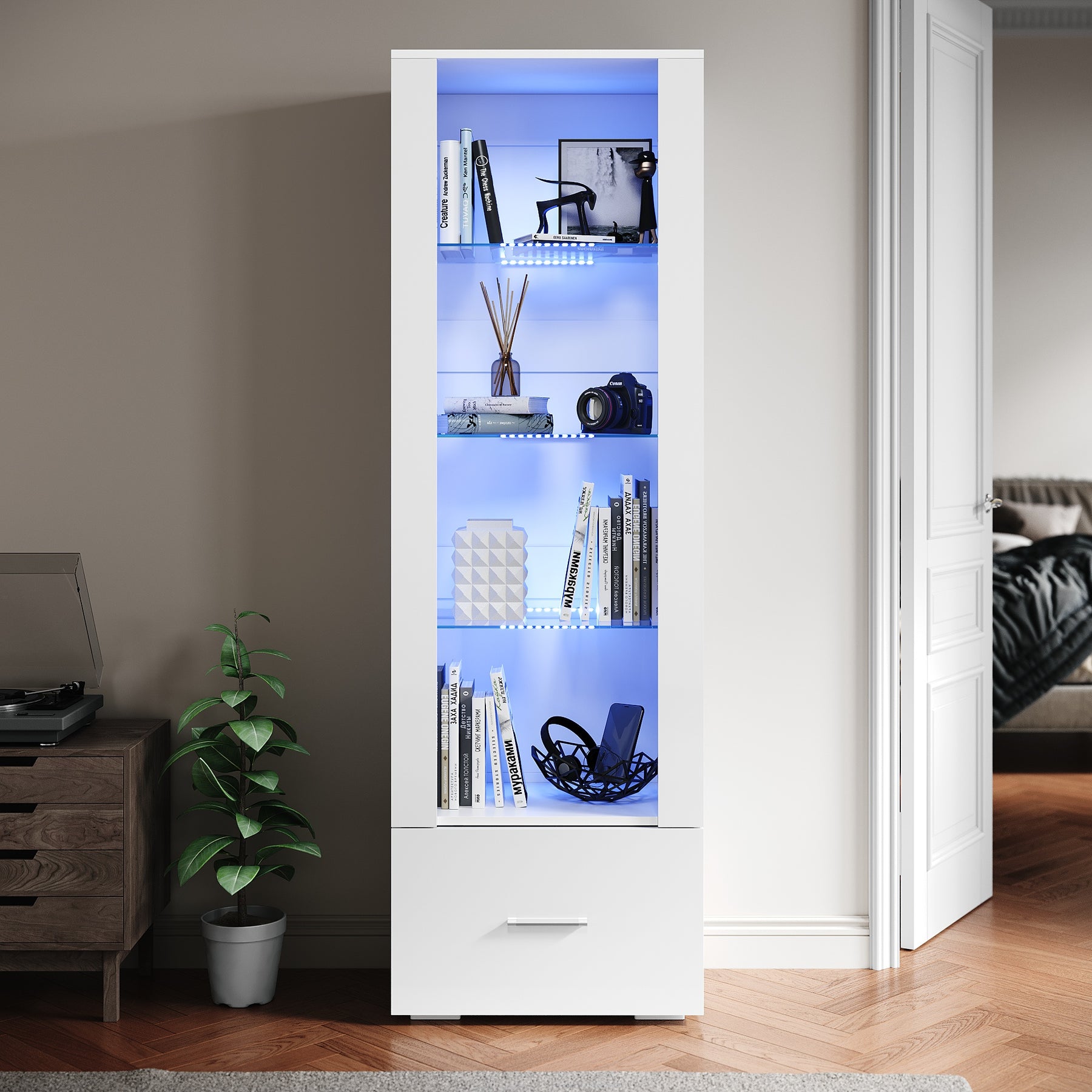Vitrine En Verre Avec éclairage LED - 3 étagères - Porte Verrouillable - Roulettes - Dimensions 123x40x35 Cm - Noir - Pour Collection, Salon - 8