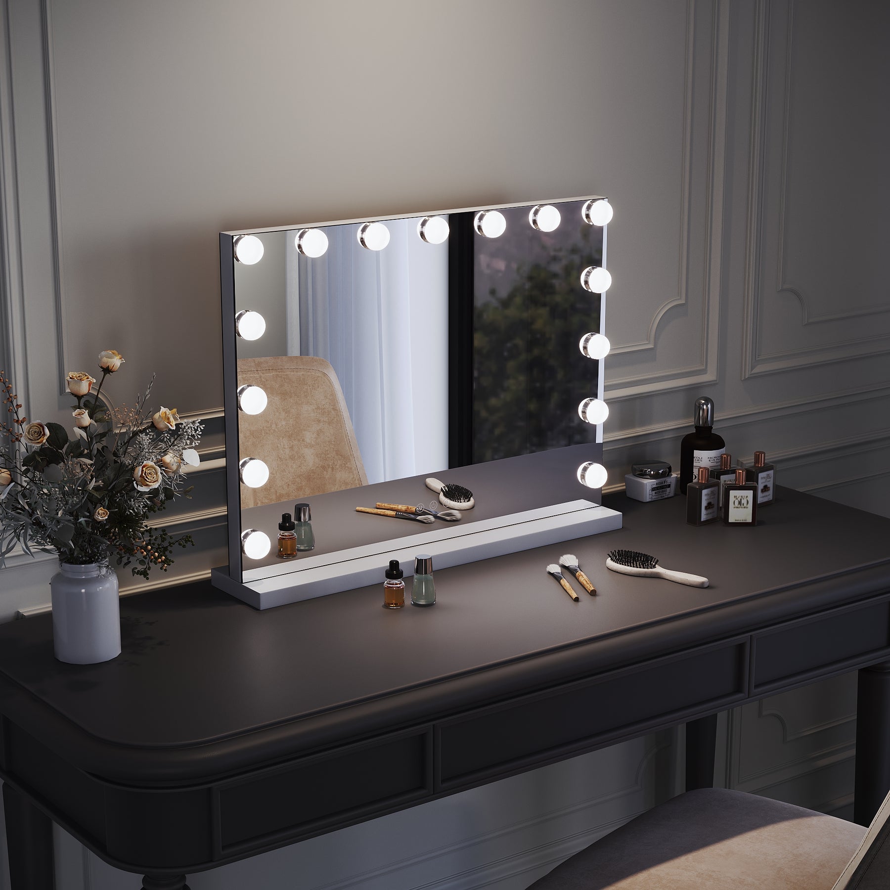 SIRHONA Armoire à Miroir LED Maquillage Lumineux Miroir Maquillage Hollywood avec15 Ampoules 3 Couleurs Lumières Ajustables 58x45.5 cm - SIRHONA