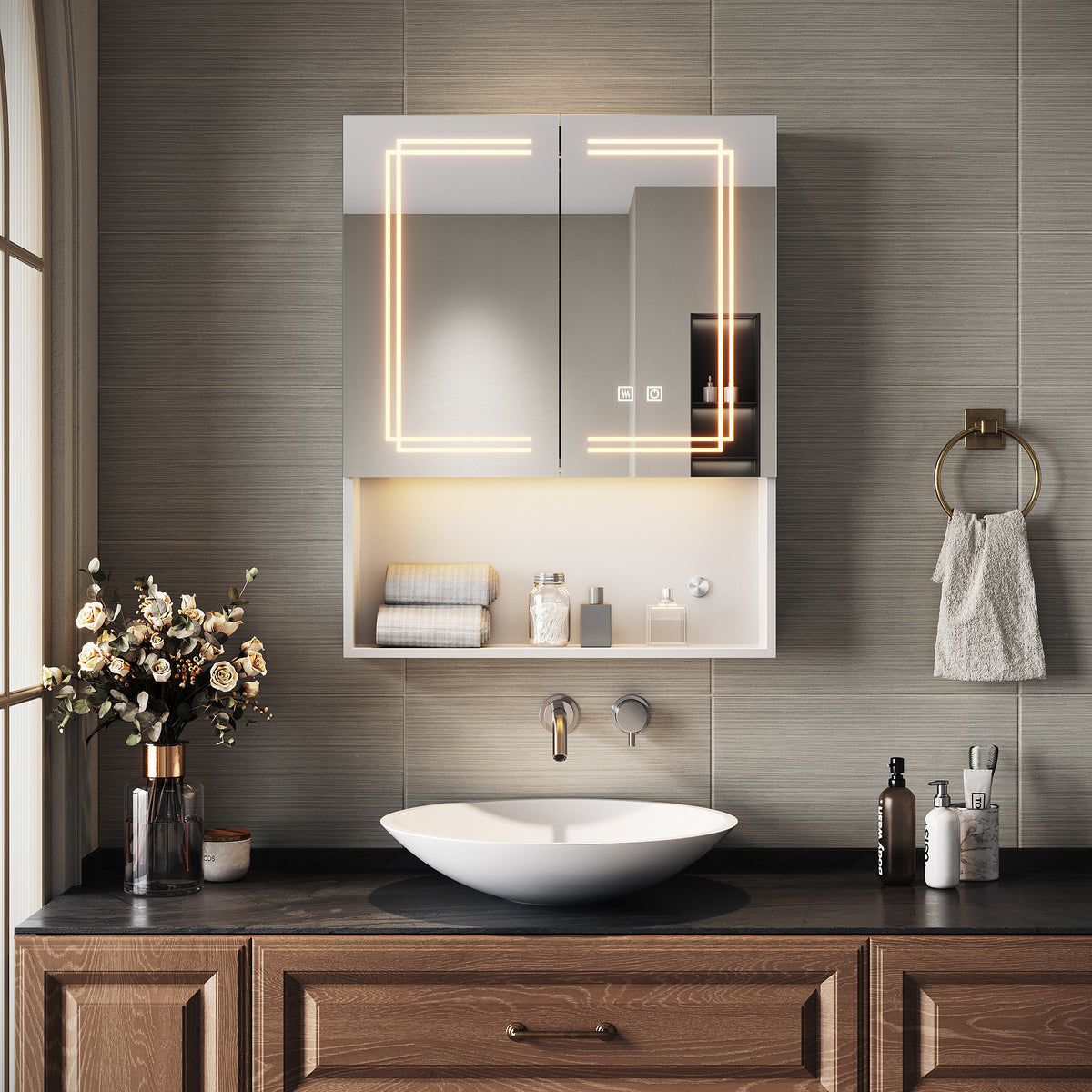 SIRHONA Armoire de Toilette Miroir, Armoire Murale avec Éclairage LED et Prises de Courant, Interrupteurs à Commande Tactile, Dimmable 60 x 75 x 13cm