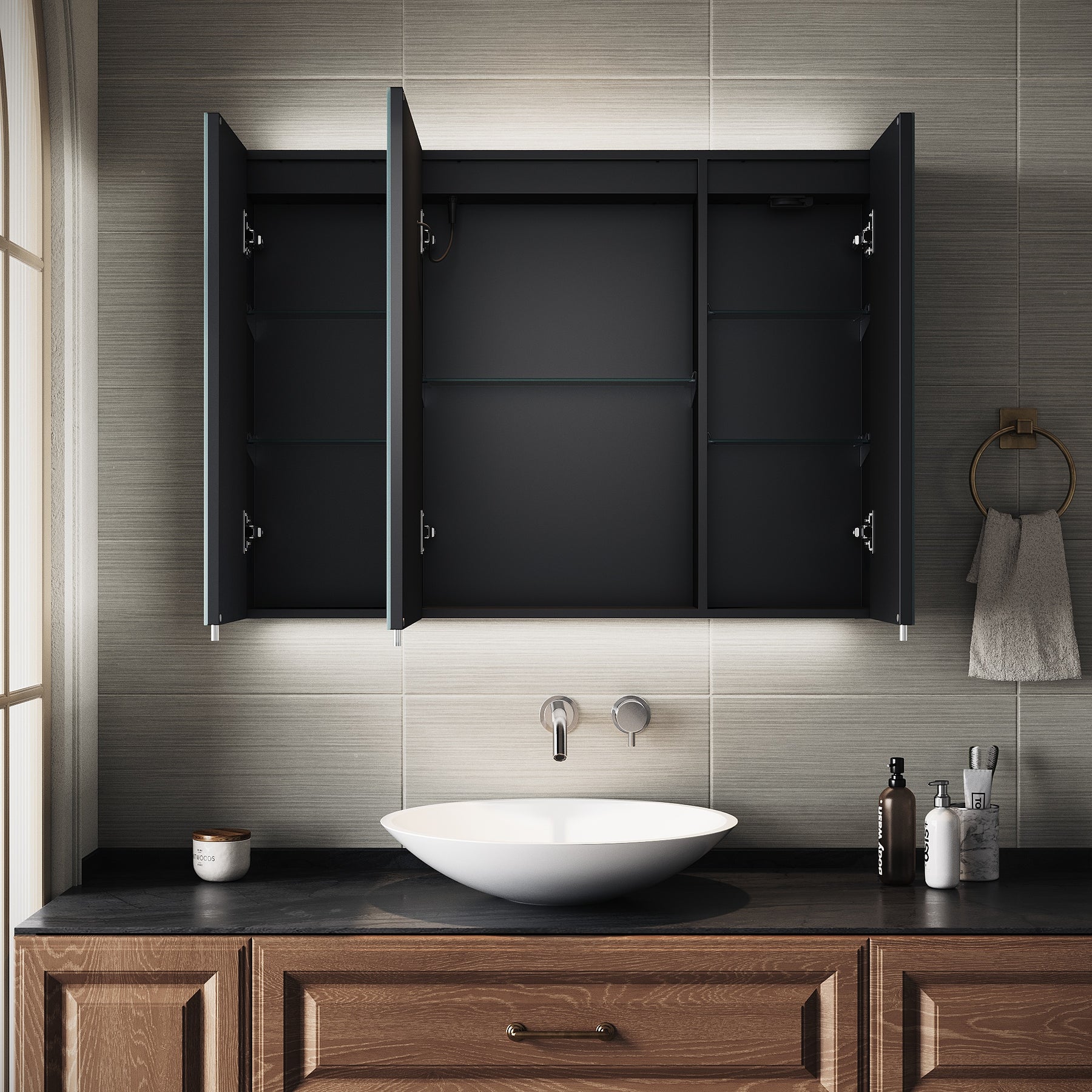 SIRHONA Armoire de Toilette Miroir, Armoire Murale avec Éclairage LED et Prises de Courant,  90 x 65 x 13cm