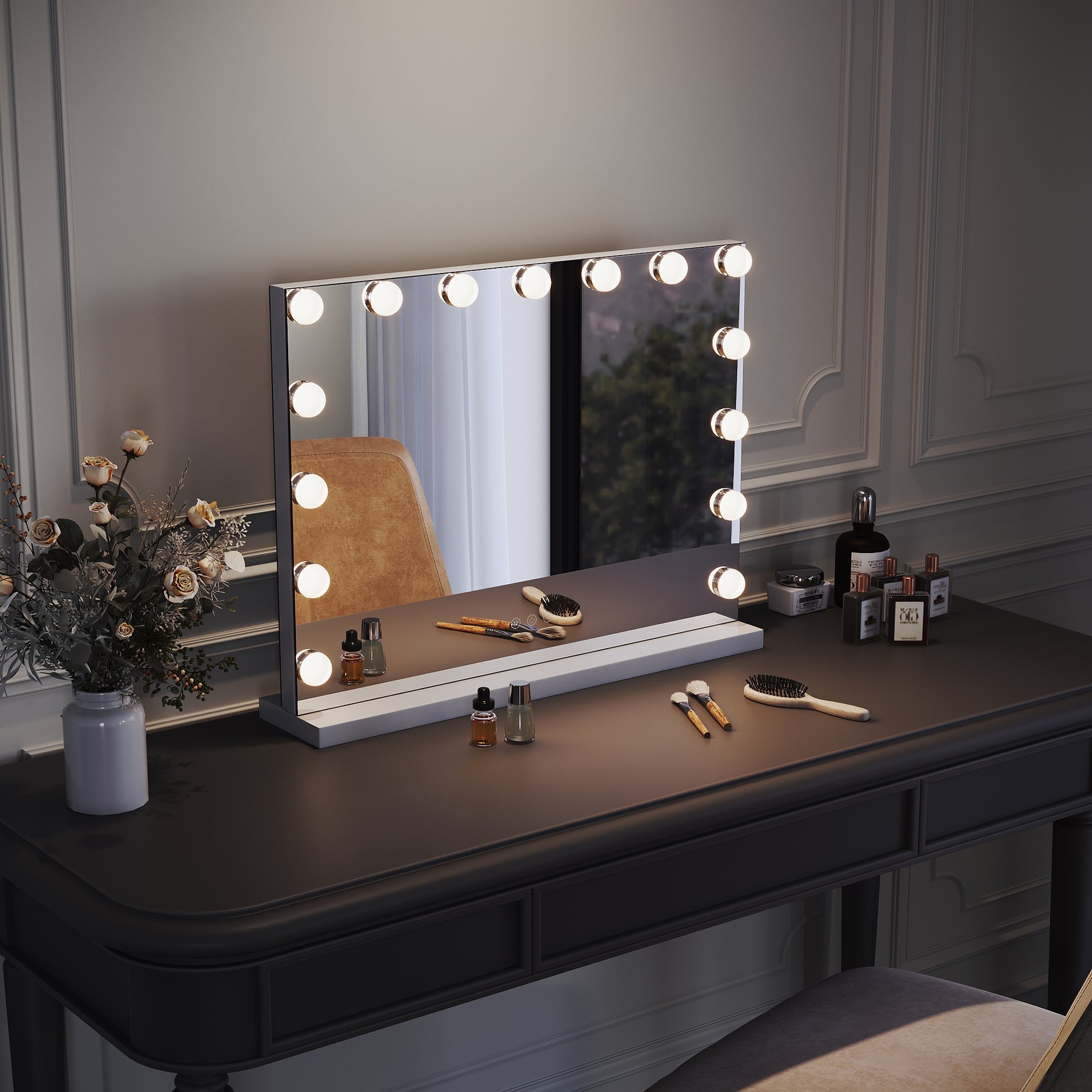 SIRHONA Armoire à Miroir LED Maquillage Lumineux Miroir Maquillage Hollywood avec15 Ampoules 3 Couleurs Lumières Ajustables 58x45.5 cm - SIRHONA