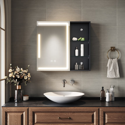 SIRHONA Armoire de Toilette Miroir, Armoire Murale avec Éclairage LED et Prises de Courant, 65 x 60 x 13cm - SIRHONA