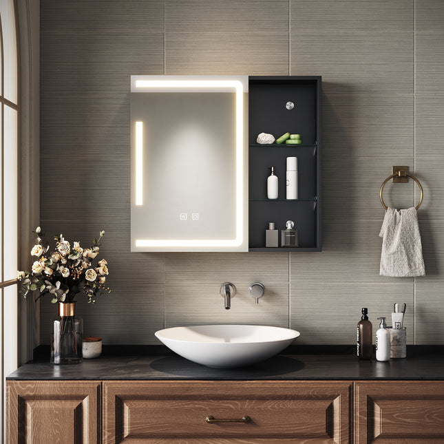 SIRHONA Armoire de Toilette Miroir, Armoire Murale avec Éclairage LED et Prises de Courant, 65 x 60 x 13cm - SIRHONA
