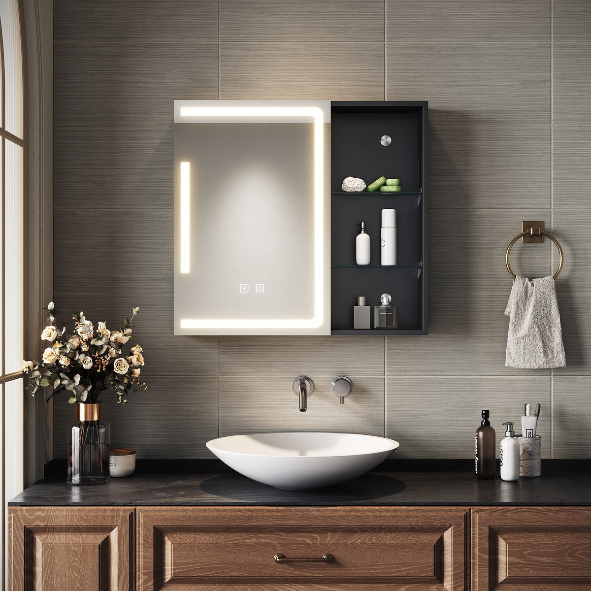 SIRHONA Armoire de Toilette Miroir, Armoire Murale avec Éclairage LED et Prises de Courant, 65 x 60 x 13cm