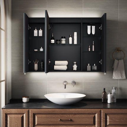 SIRHONA Armoire de Toilette Miroir, Armoire Murale avec Éclairage LED et Prises de Courant,  90 x 65 x 13cm - SIRHONA