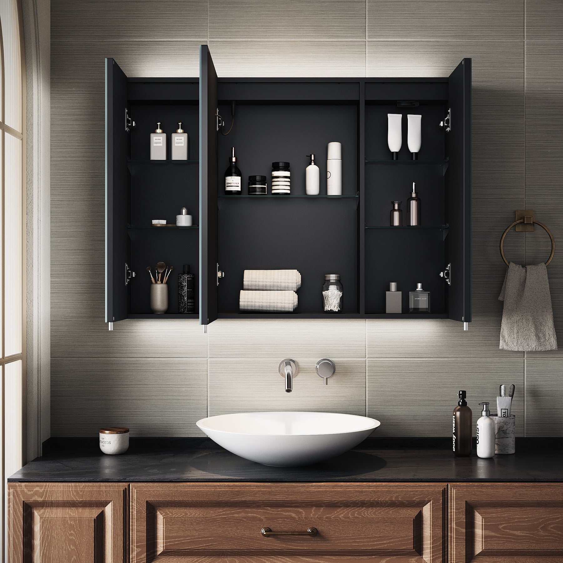 SIRHONA Armoire de Toilette Miroir, Armoire Murale avec Éclairage LED et Prises de Courant,  90 x 65 x 13cm