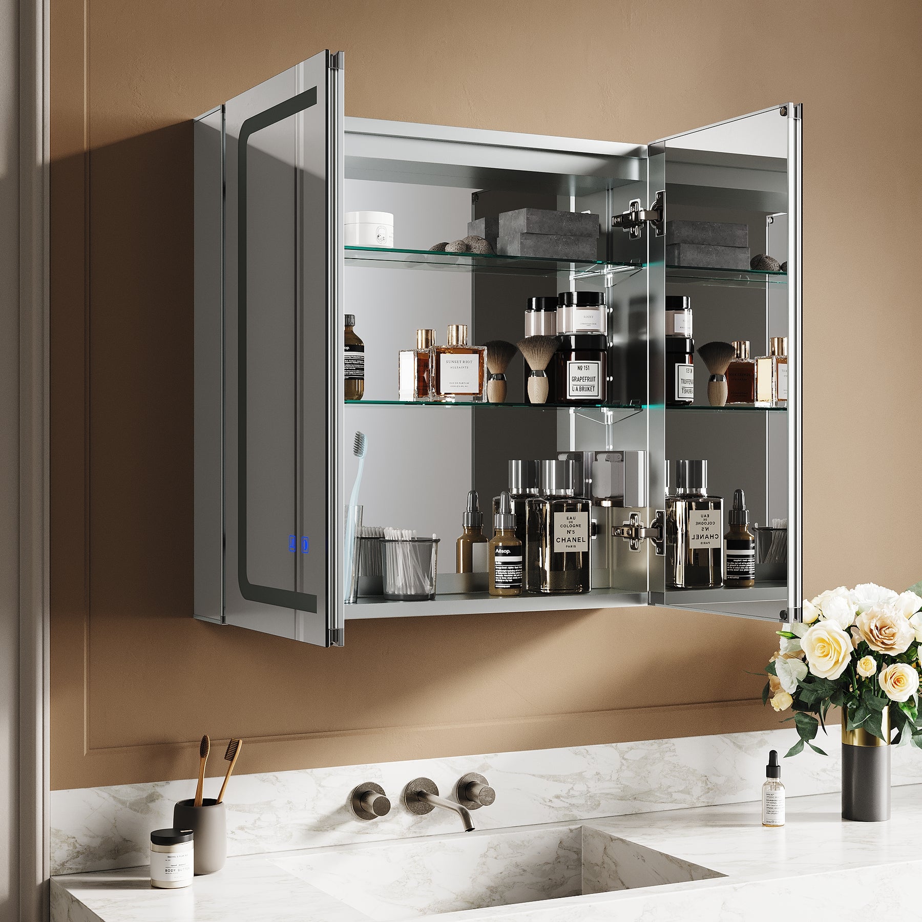 SIRHONA armoire de toilette aluminium LED avec éclairage avec prise tactile anti-buée armoire de toilette miroir de salle de bain 65x65x13.3cm - SIRHONA