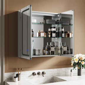 SIRHONA armoire de toilette aluminium LED avec éclairage avec prise tactile anti-buée armoire de toilette miroir de salle de bain 65x65x13.3cm - SIRHONA