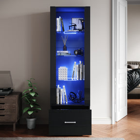 SIRHONA Avec éclairage LED Armoire d'exposition en verre avec tiroirs Façade noire brillante Armoire d'exposition pour collectionneurs 550 x 350 x 1720 mm - SIRHONA